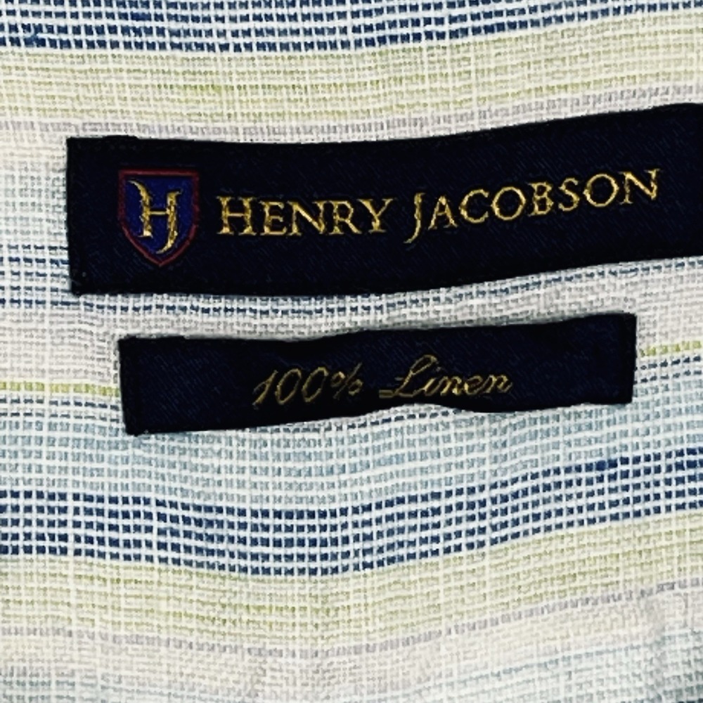 Henry Jacobson Men's XL 100% Linen Long Sleeve Blue Striped Shirt Light Cool - Picture 3 of 9